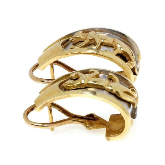 14k Two Tone Gold Panther Oval Huggie Earrings - Picture 4 of 4